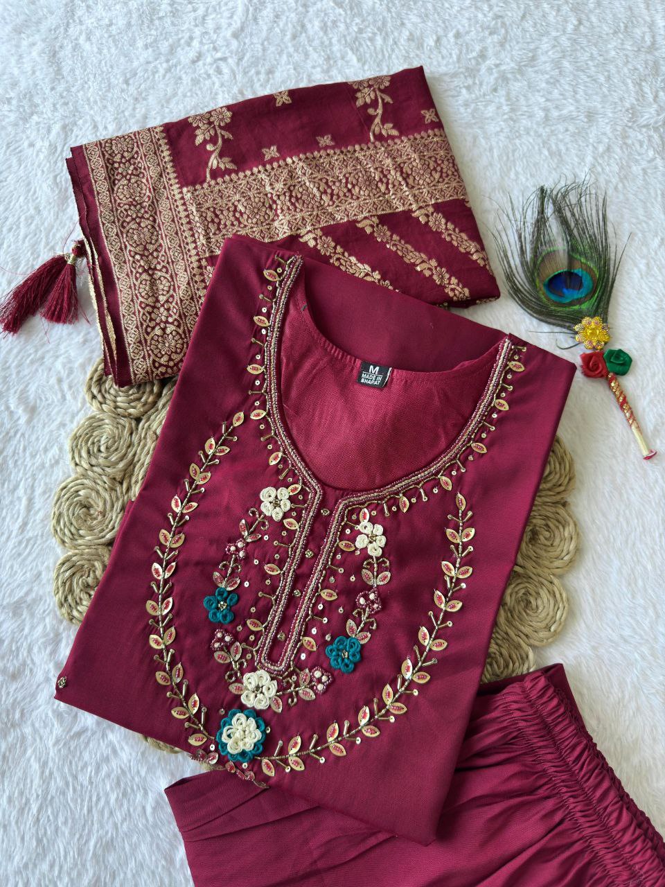 Lorenvalley Fashion Maroon Roman Silk Hand Work Kurta Pant with Dupatta