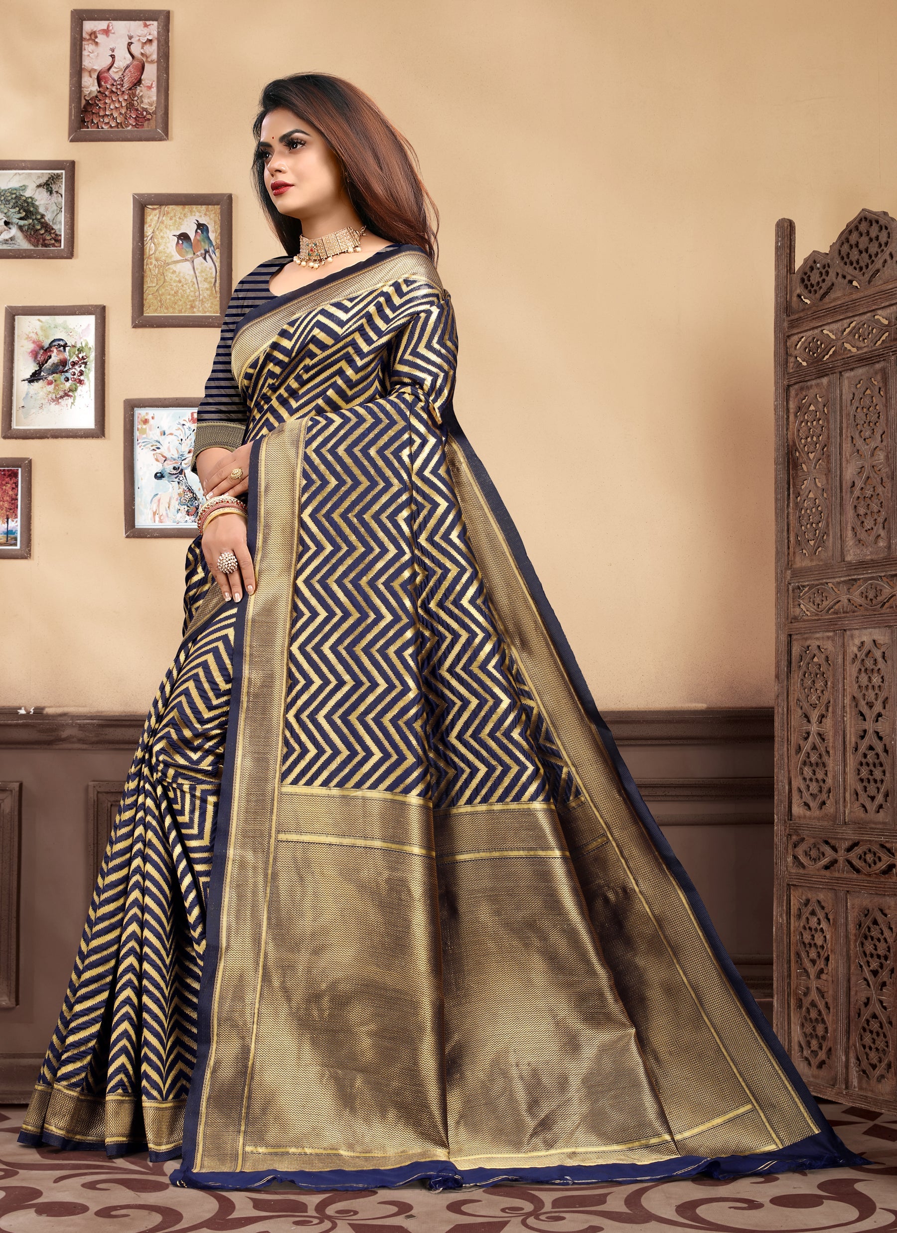 Vedant Vastram Litchi Silk Designer Banarasi Saree - Navy Blue