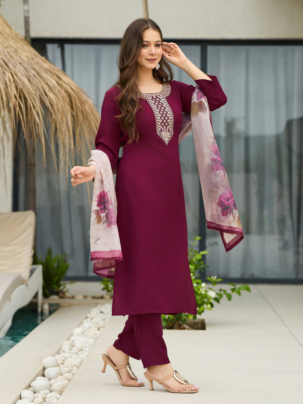 The52 Women's Gorgeous Rayon Embroidery Straight Kurta with Pant And Dupatta Set