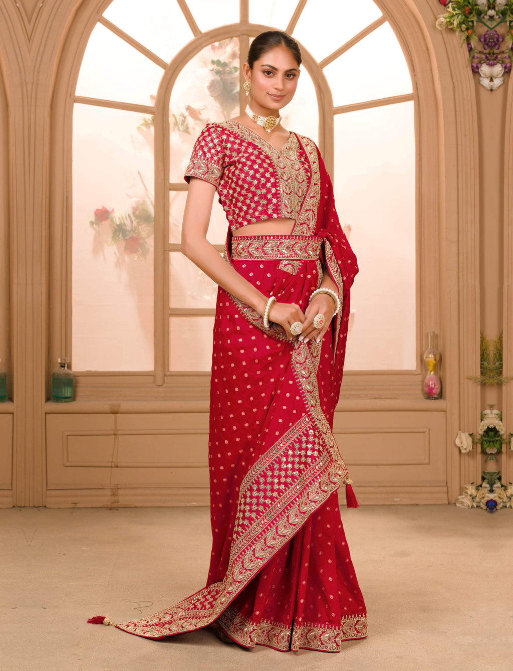 Teeya Creation Maroon Color Chinnon Silk Heavy Embroidery Work Saree