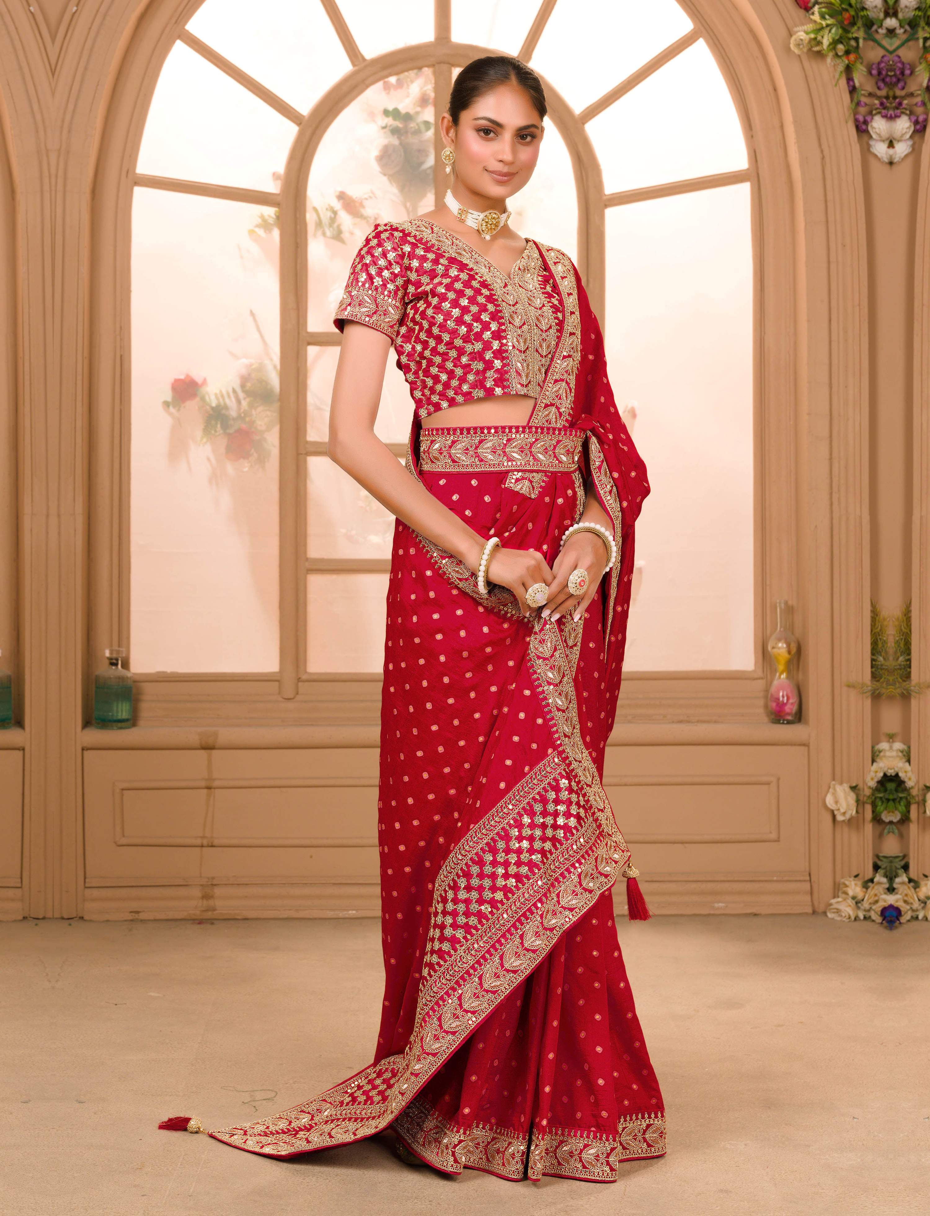 Teeya Creation Maroon Color Chinnon Silk Heavy Embroidery Work Saree