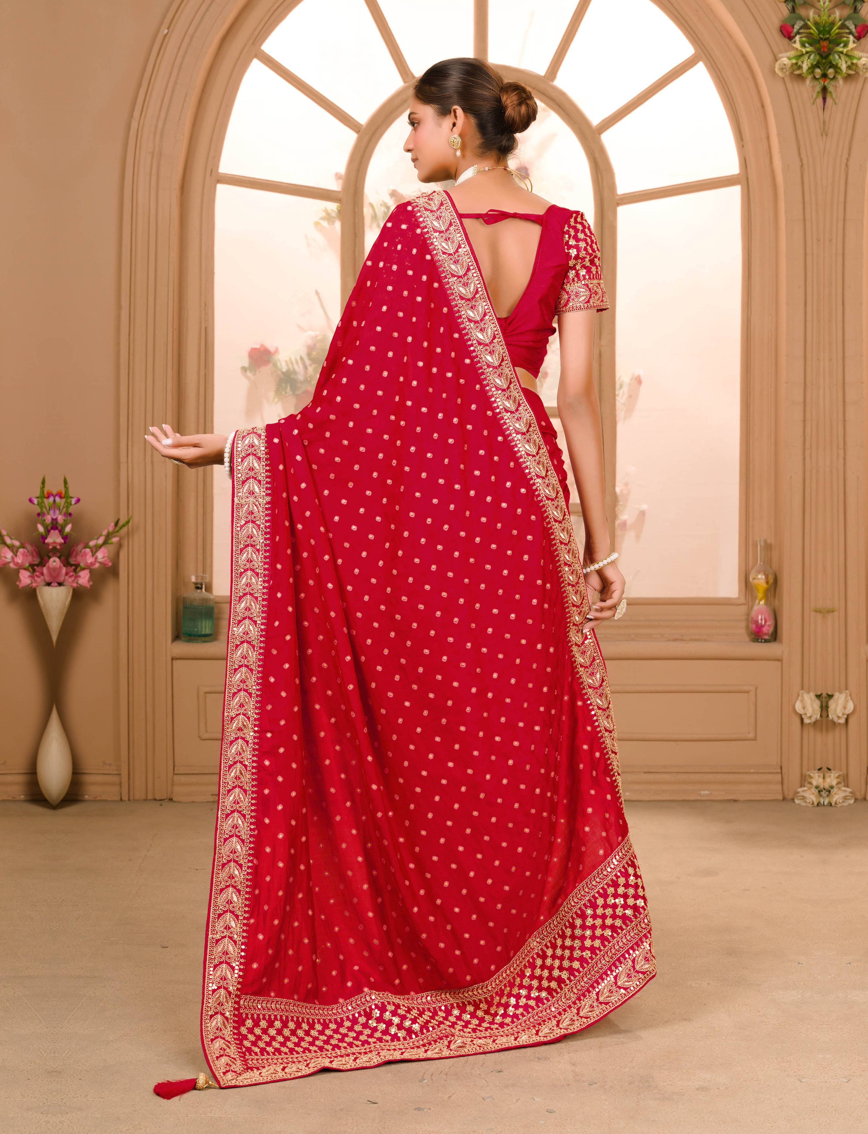 Teeya Creation Maroon Color Chinnon Silk Heavy Embroidery Work Saree