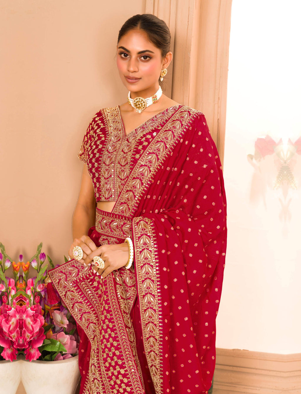 Teeya Creation Maroon Color Chinnon Silk Heavy Embroidery Work Saree