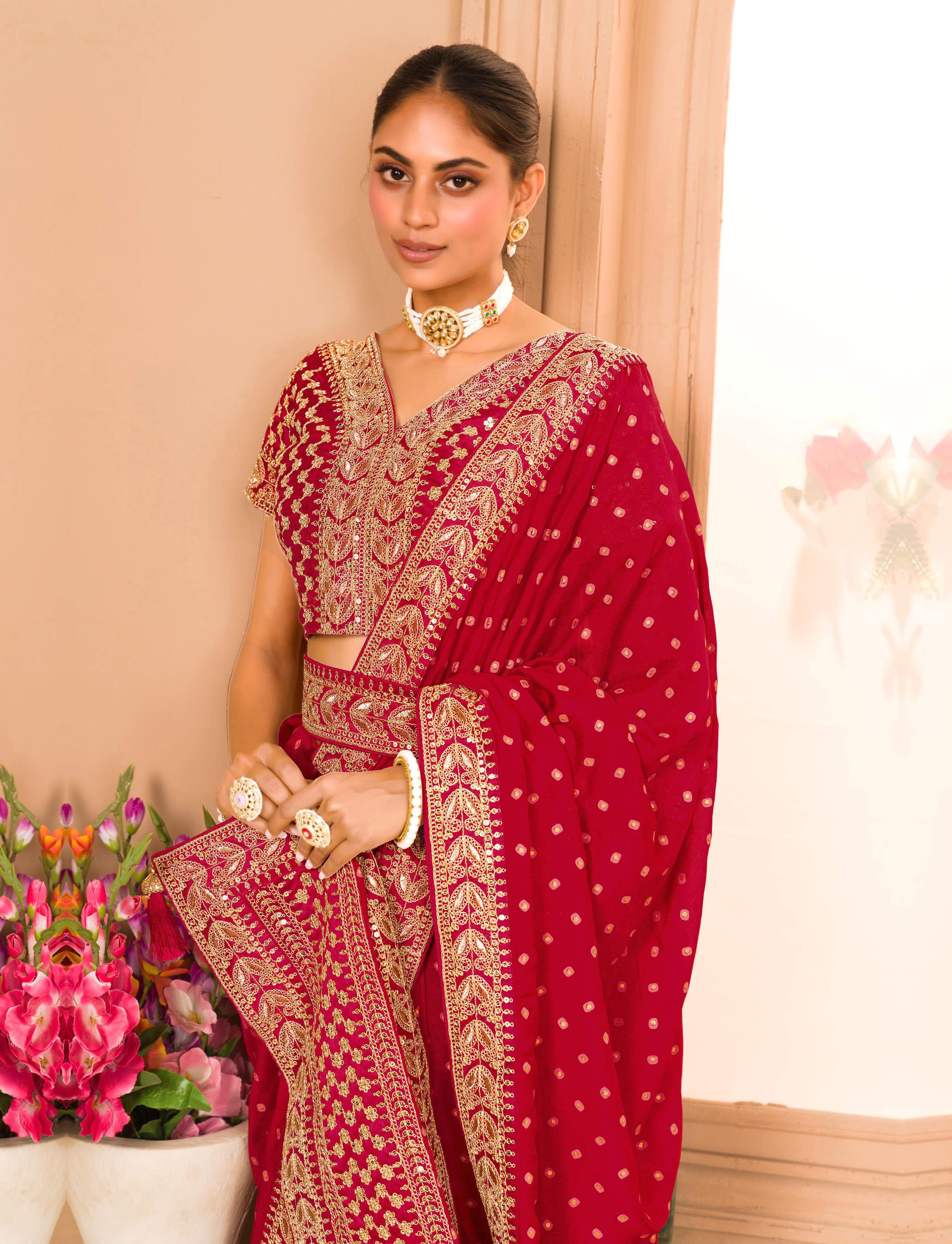 Teeya Creation Maroon Color Chinnon Silk Heavy Embroidery Work Saree