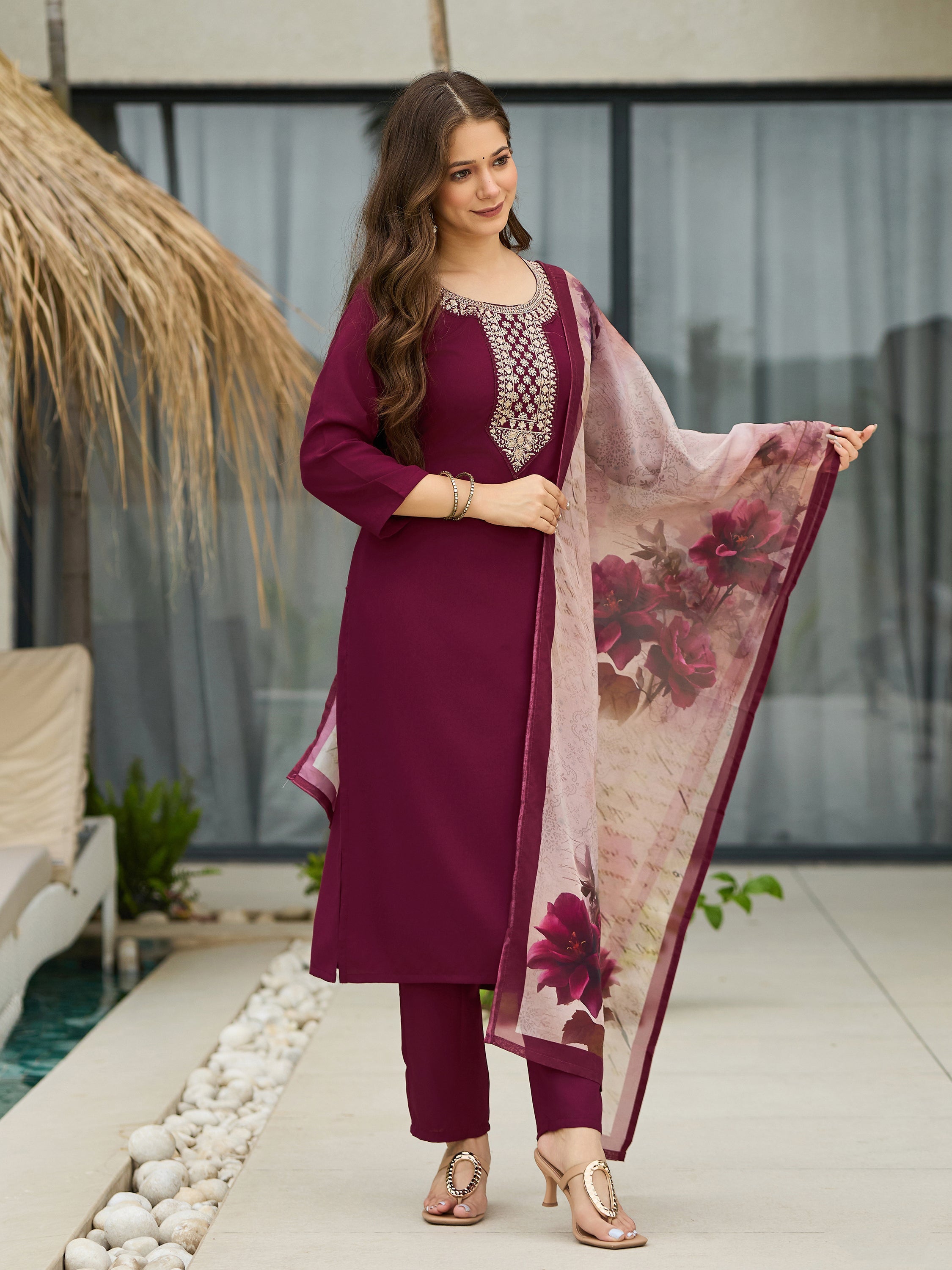 The52 Women's Gorgeous Rayon Embroidery Straight Kurta with Pant And Dupatta Set