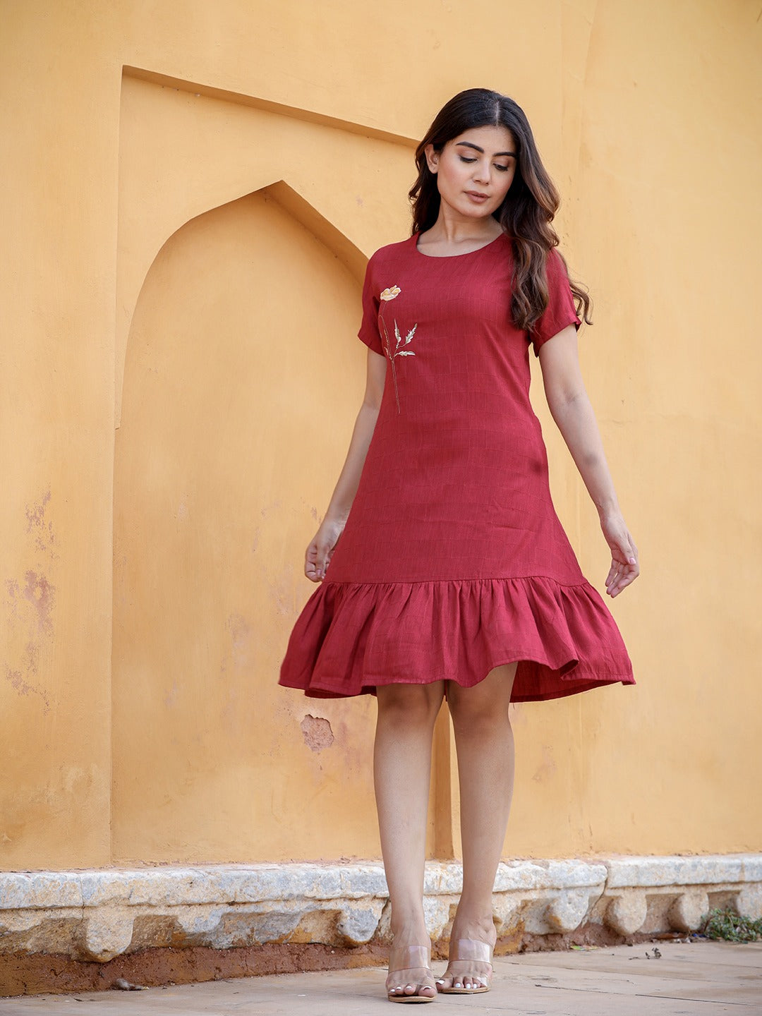 Yufta Maroon Floral Embroidered A-Line Midi Dress