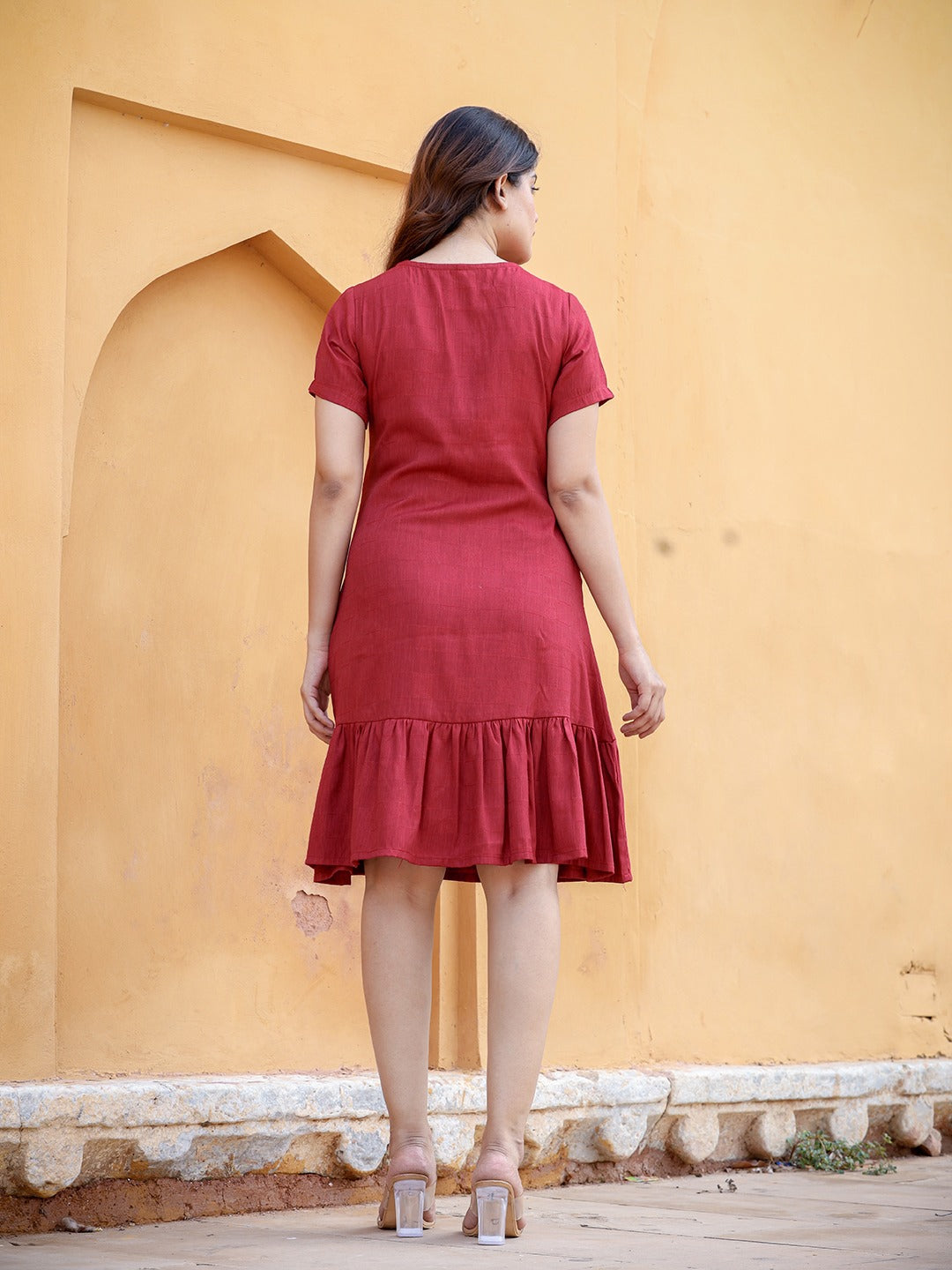 Yufta Maroon Floral Embroidered A-Line Midi Dress
