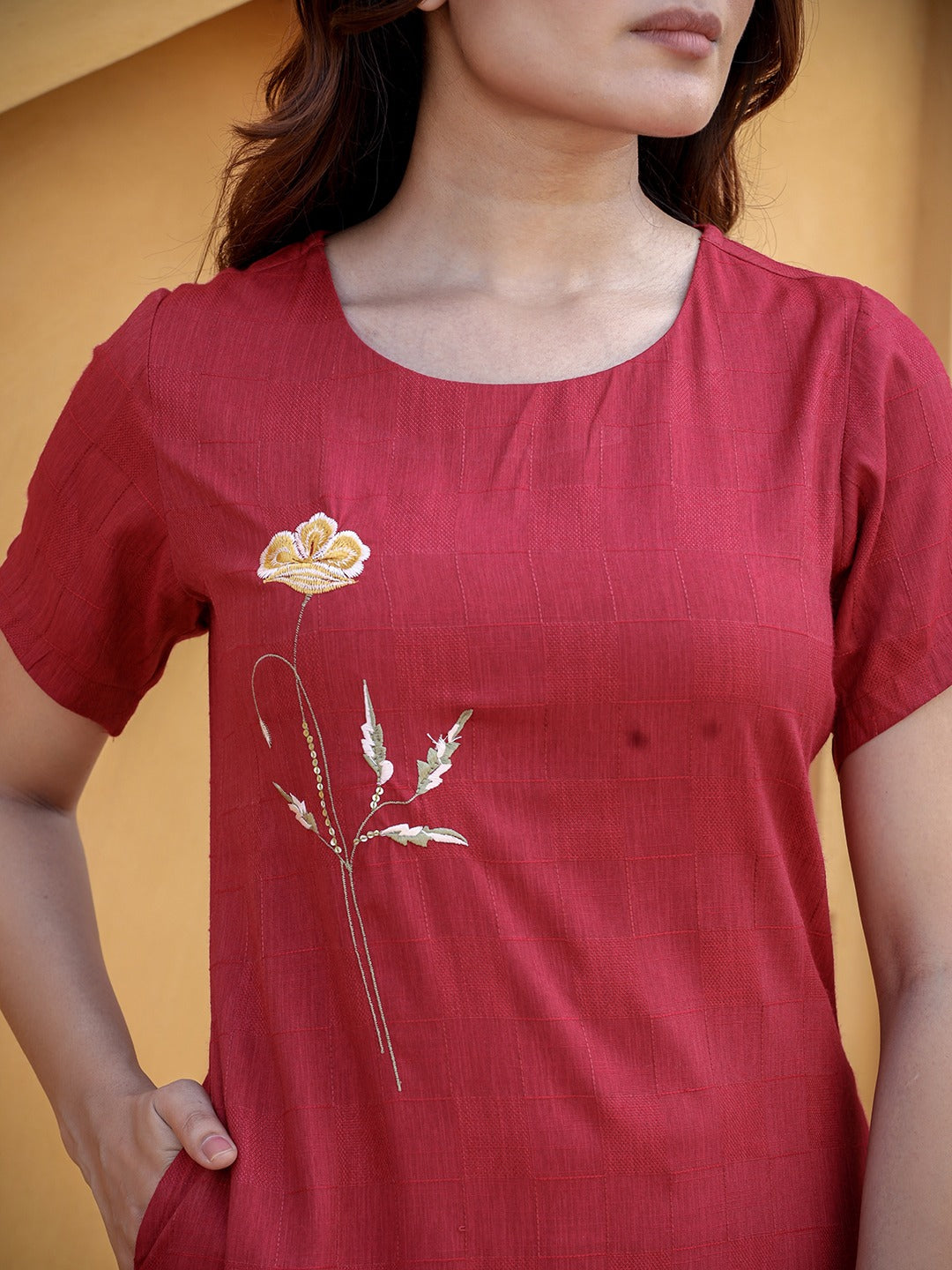 Yufta Maroon Floral Embroidered A-Line Midi Dress