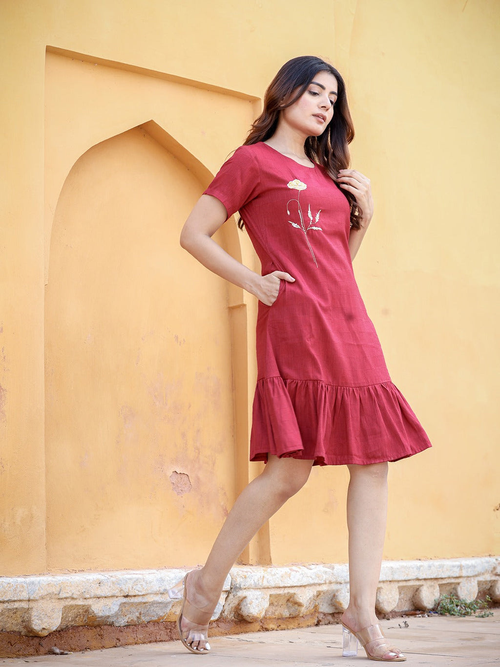 Yufta Maroon Floral Embroidered A-Line Midi Dress