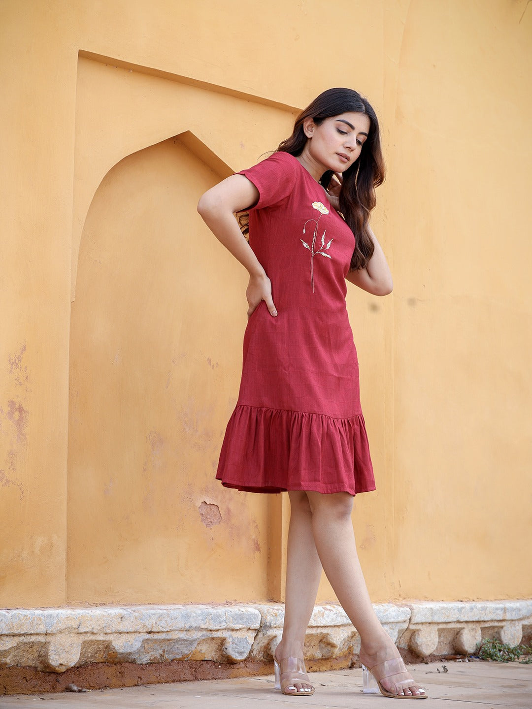 Yufta Maroon Floral Embroidered A-Line Midi Dress