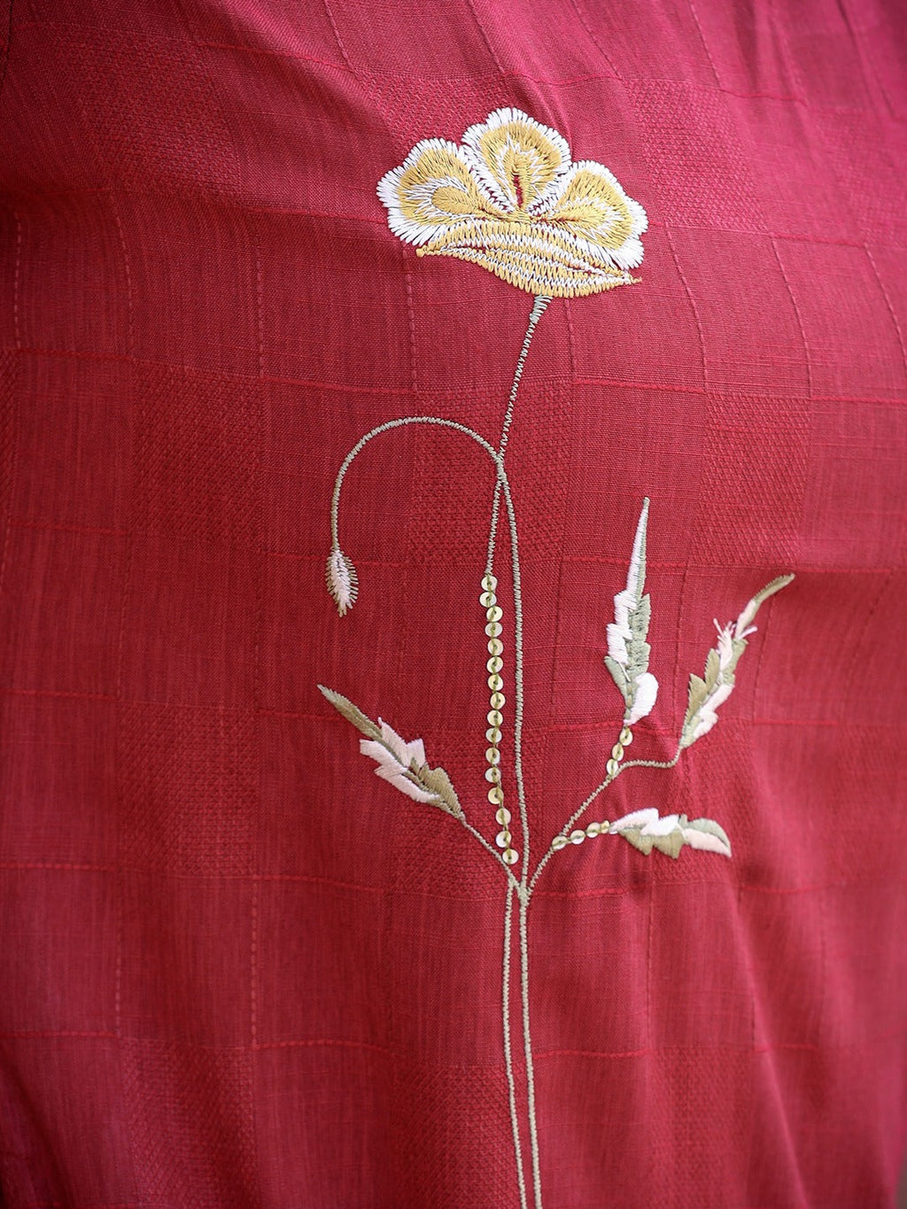 Yufta Maroon Floral Embroidered A-Line Midi Dress