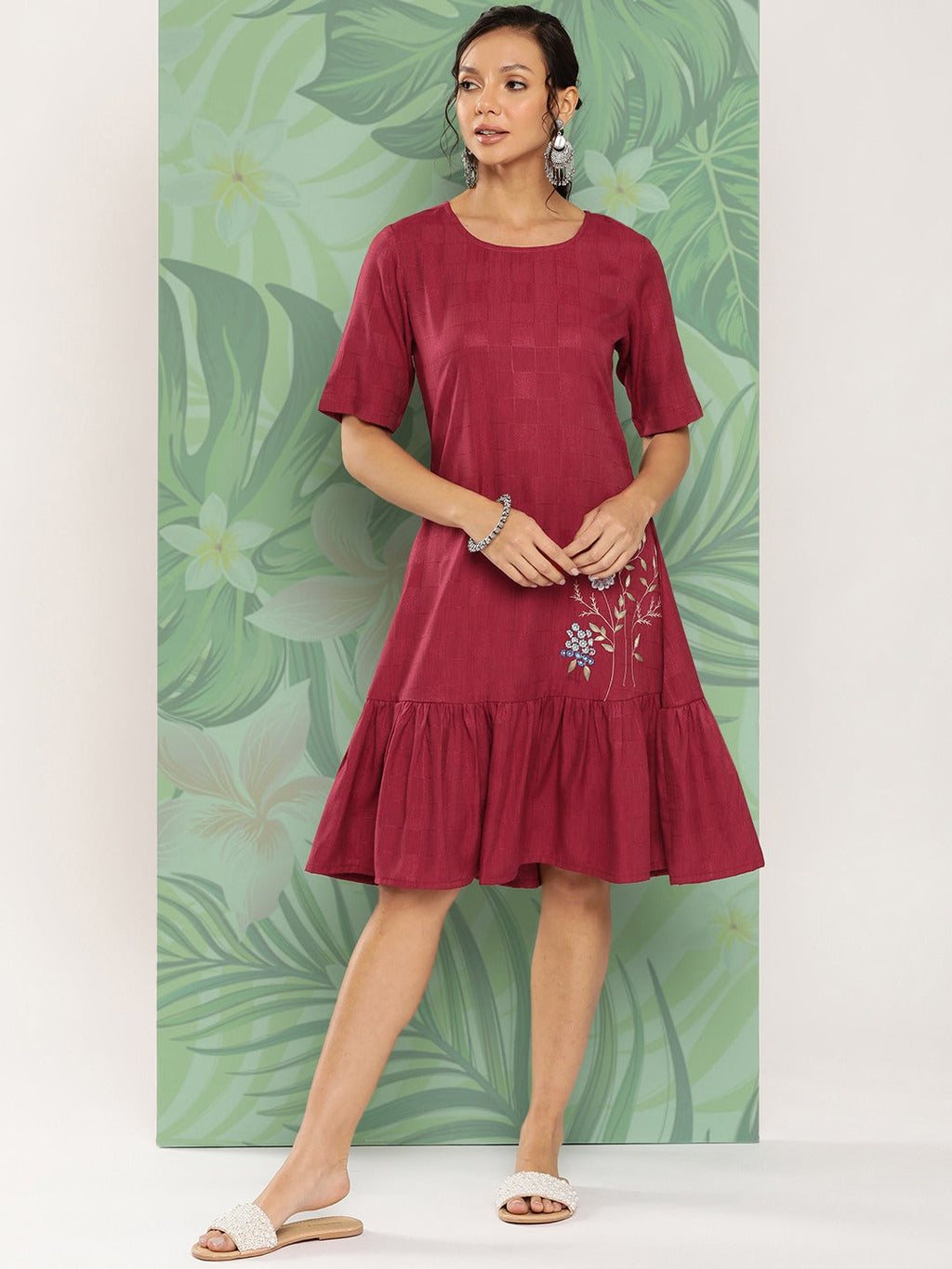 Yufta Maroon Floral Ethnic Dress