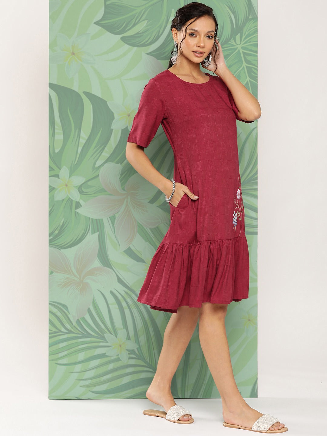 Yufta Maroon Floral Ethnic Dress