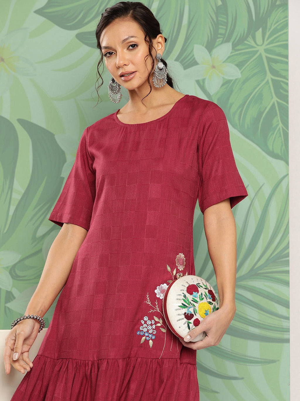 Yufta Maroon Floral Ethnic Dress
