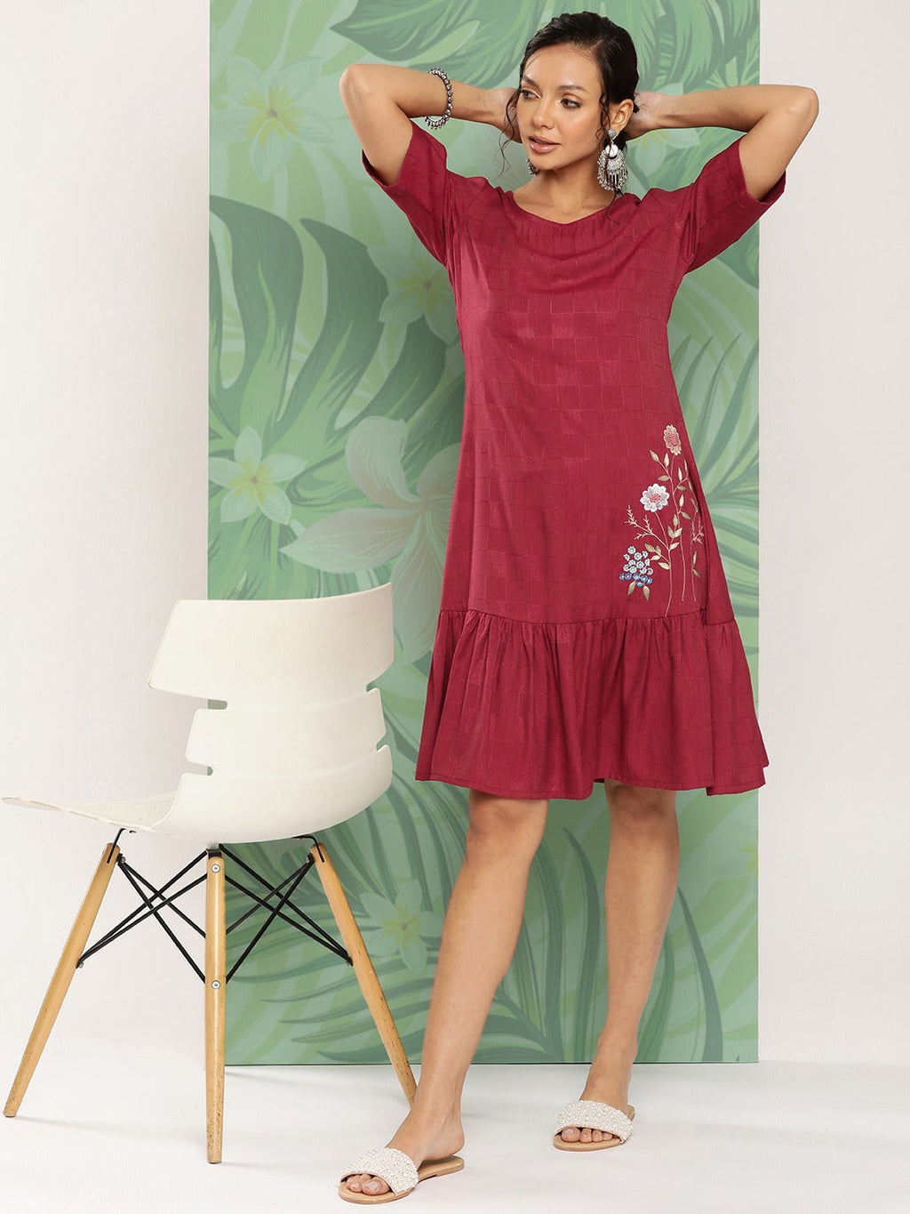 Yufta Maroon Floral Ethnic Dress