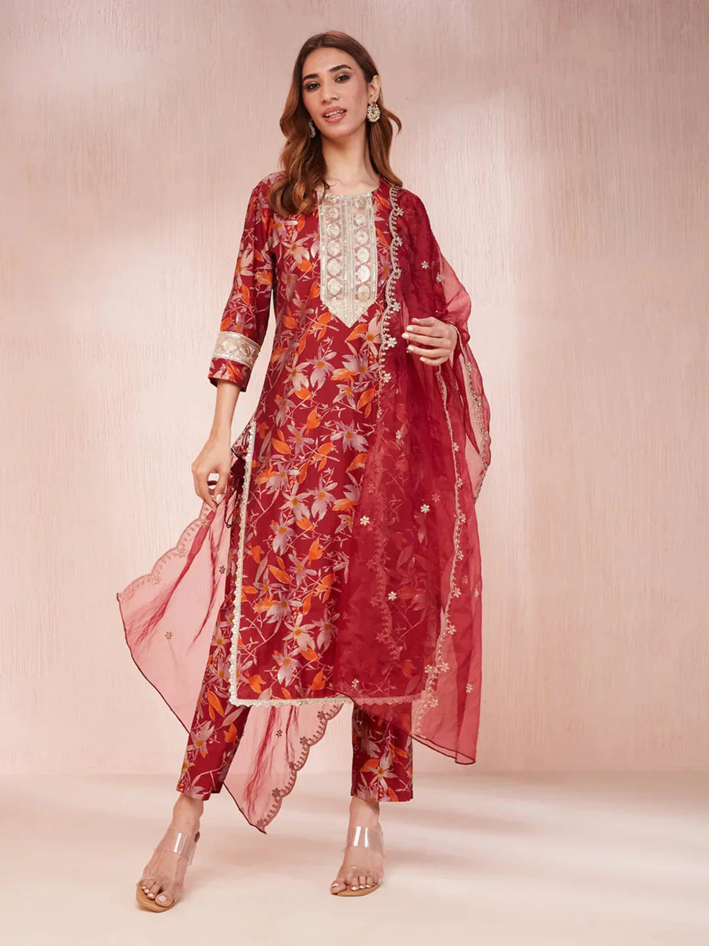 Yufta Maroon Floral Print Sequins_Work Straight Kurta Trouser And Dupatta Set