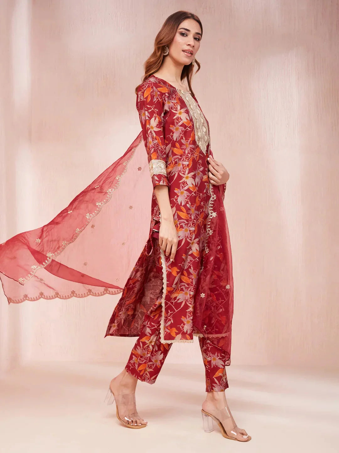 Yufta Maroon Floral Print Sequins_Work Straight Kurta Trouser And Dupatta Set