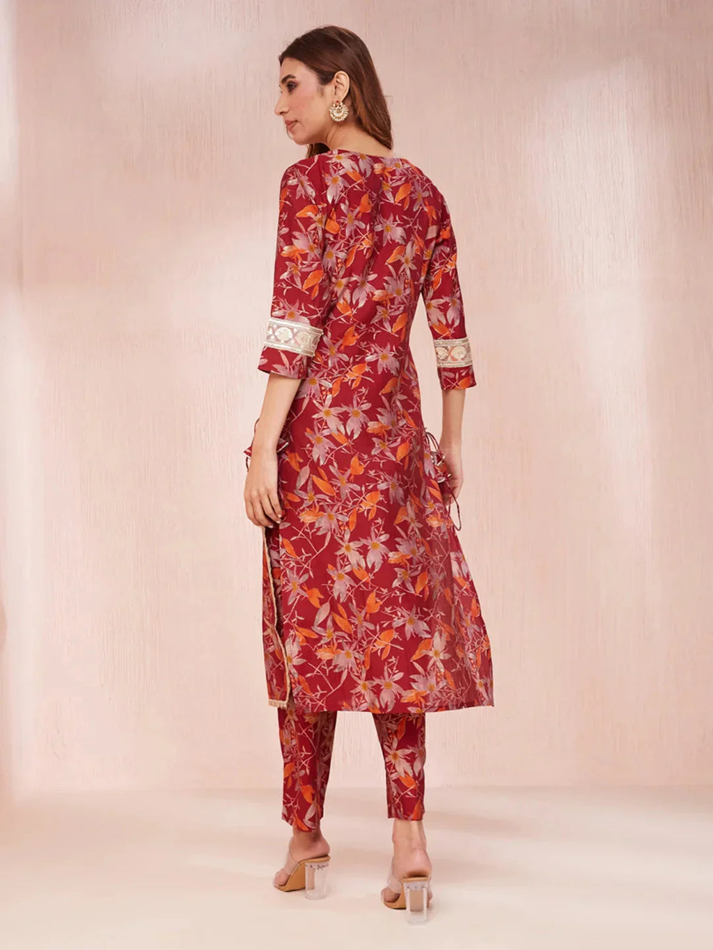 Yufta Maroon Floral Print Sequins_Work Straight Kurta Trouser And Dupatta Set