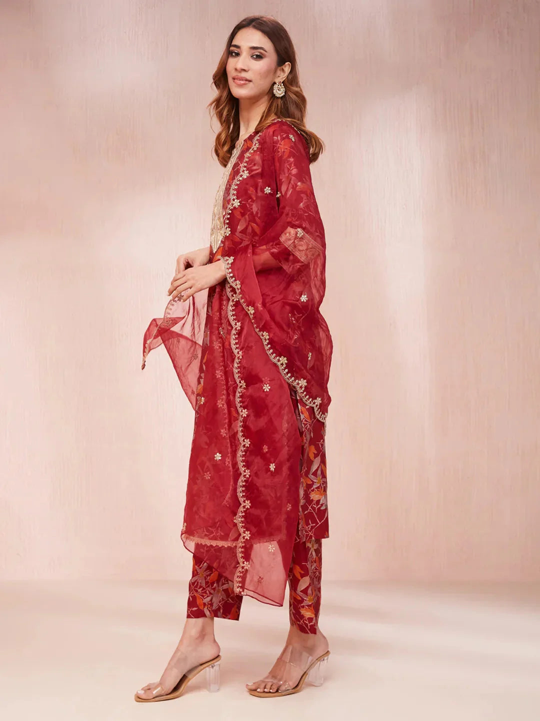 Yufta Maroon Floral Print Sequins_Work Straight Kurta Trouser And Dupatta Set