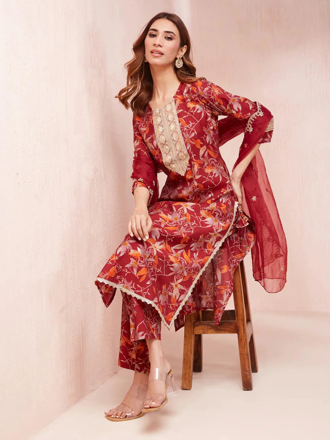 Yufta Maroon Floral Print Sequins_Work Straight Kurta Trouser And Dupatta Set