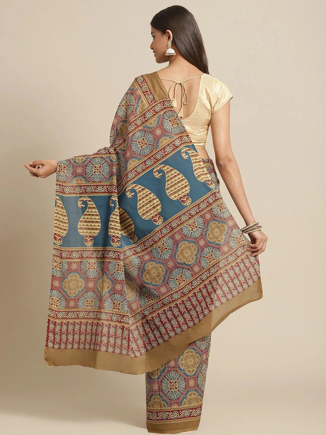 Yufta Maroon and Beige Printed Saree
