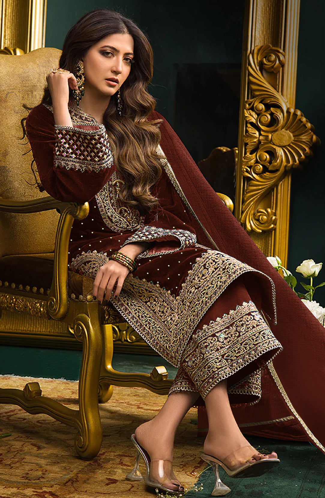 Lorenvalley Fashion Women Maroon Velvet Embroidered Salwar Suit Material