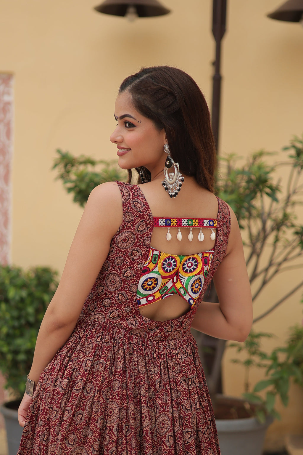Lorenvalley Maroon Printed Cotton With Kutchi Gamthi Work and Kodi Lace Gown