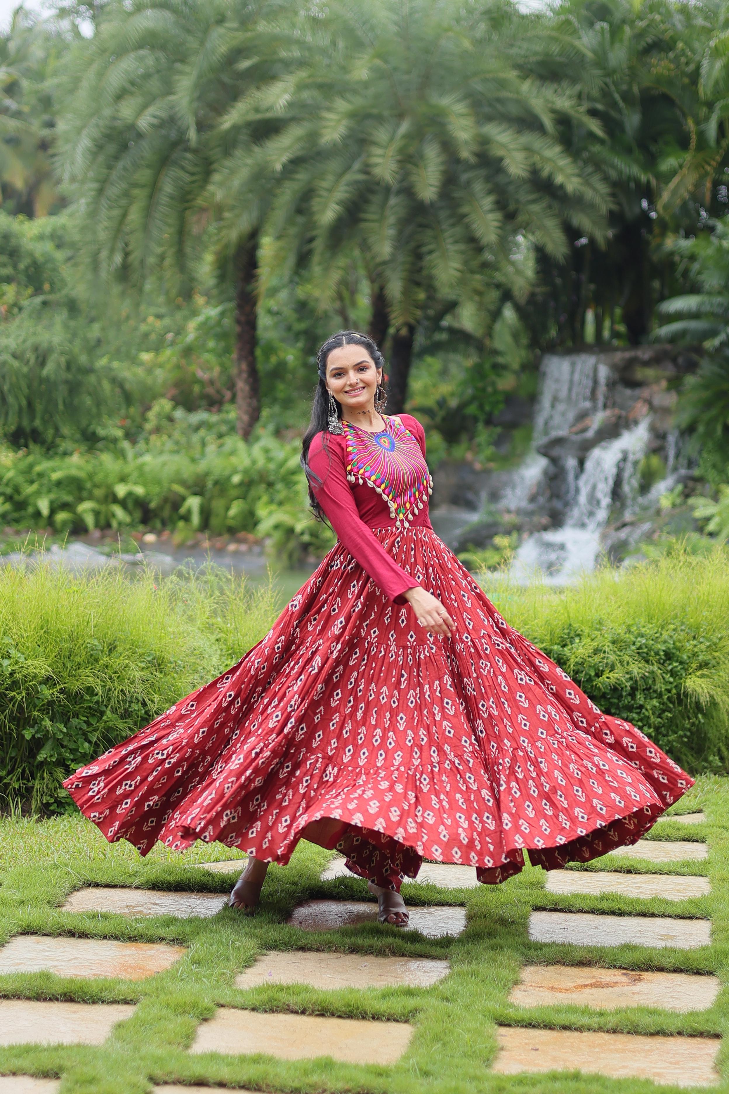 Lorenvalley Maroon Cotton Printed With Kutchi Gamthi Work and Kodi Lace Gown