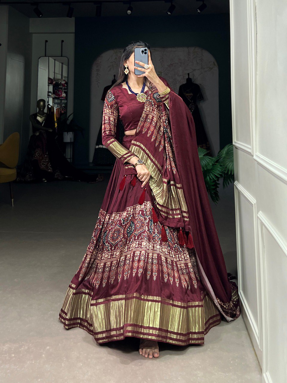 Lorenvalley Maroon Gaji Silk Digital Print With Lagadi Patta Lehenga Choli with Dupatta