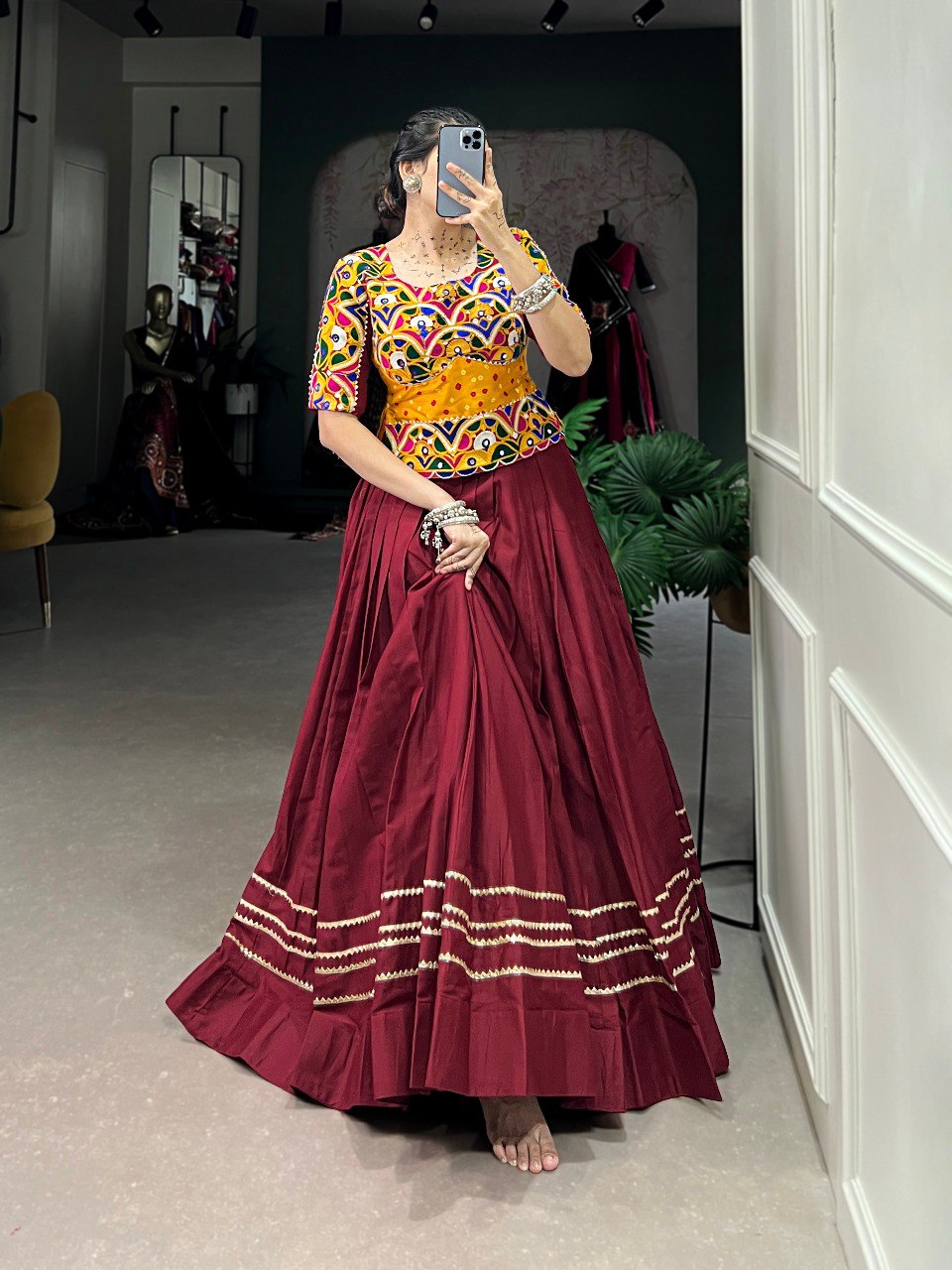 Lorenvalley Maroon Pure Cotton Plain With Gota Patti Touch Up Lehenga Choli