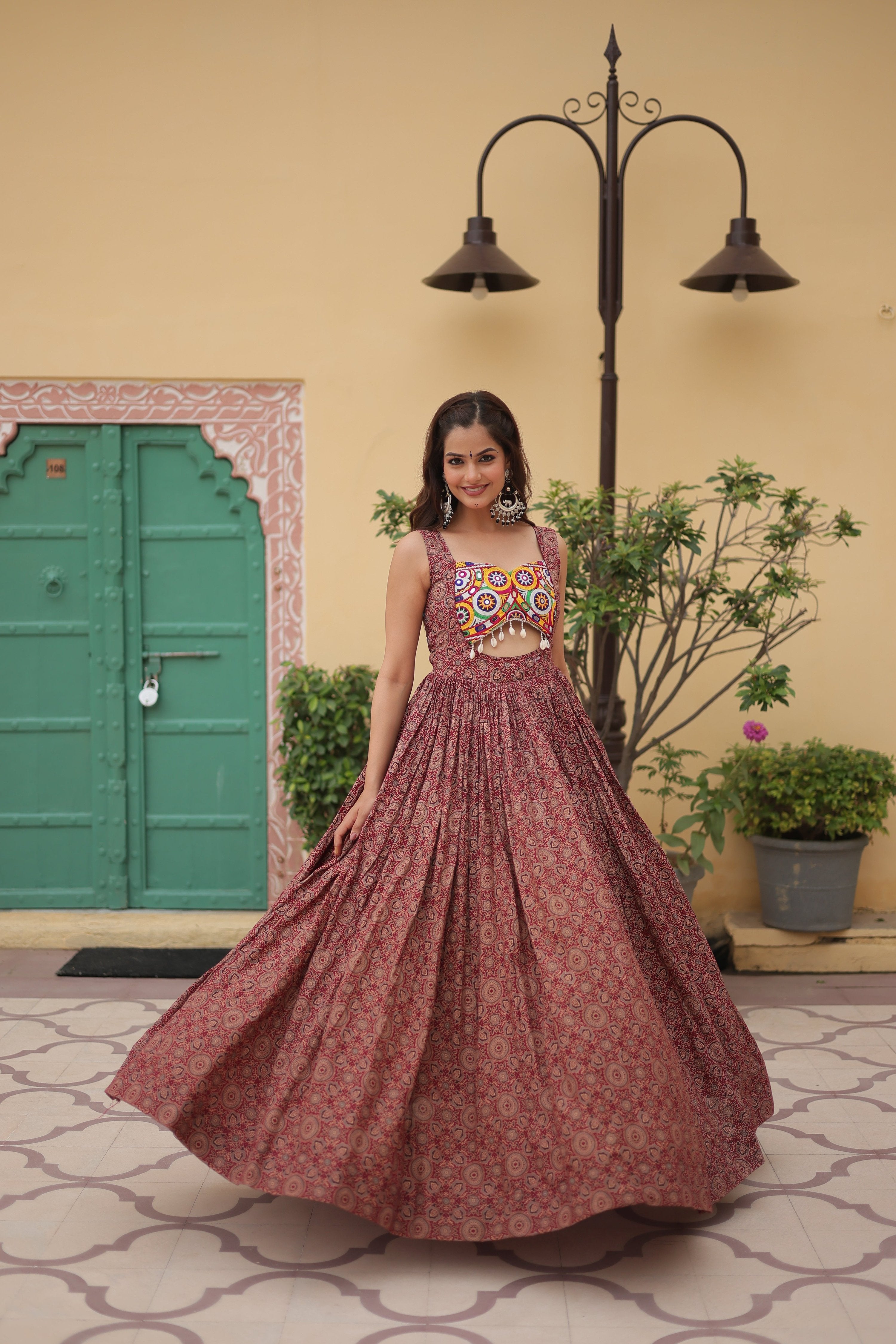 Lorenvalley Maroon Printed Cotton With Kutchi Gamthi Work and Kodi Lace Gown