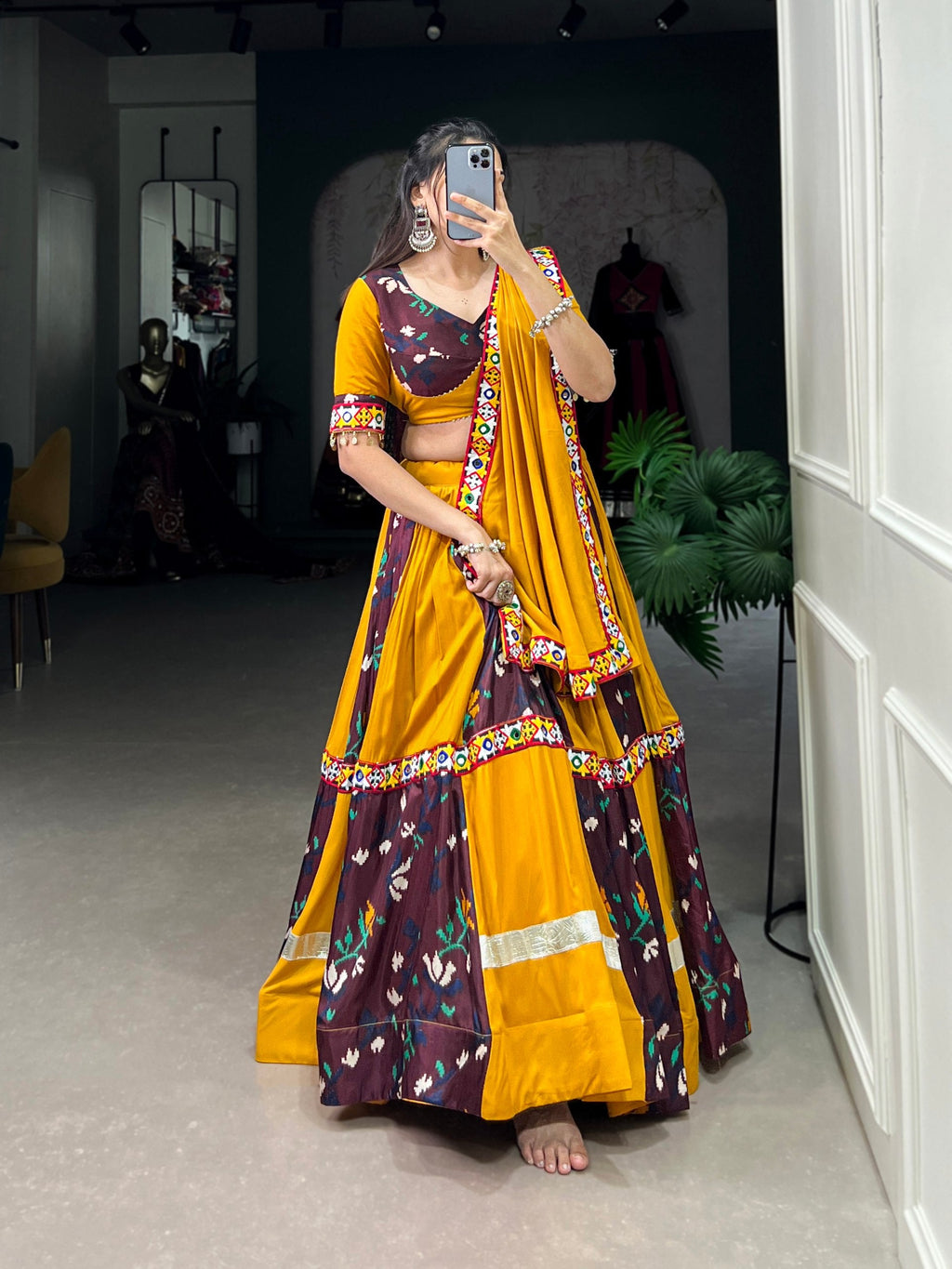 Lorenvalley Yellow and Wine Rayon with Printed Silk Original Mirror Gamthi Work and Embossed Design Gota Lehenga Choli with Dupatta