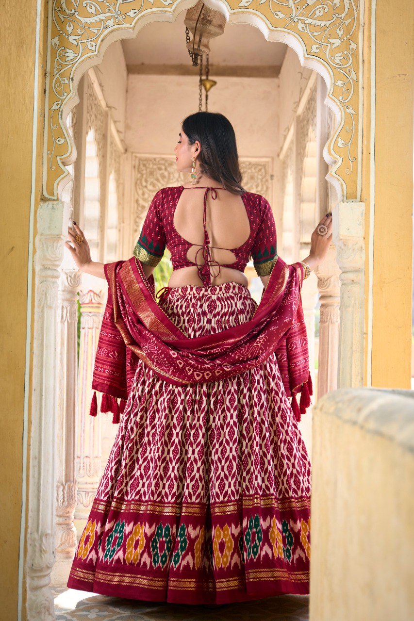 Lorenvalley Maroon Tussar Silk Ikkat Print With Foil Work Lehenga Choli with Dupatta