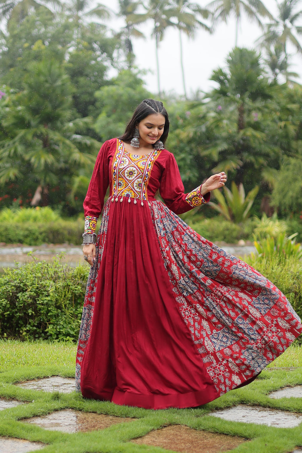 Lorenvalley Maroon Rayon Contrast of Printed with Kutchi Gamthi work Gown
