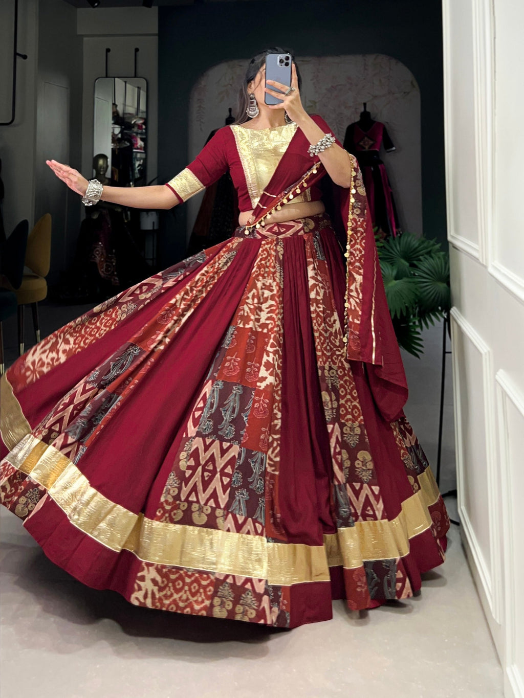 Lorenvalley Rayon and Tussar Silk Maroon Plain And Printed With Embossed Design Gota Lace Lehenga Choli with Dupatta
