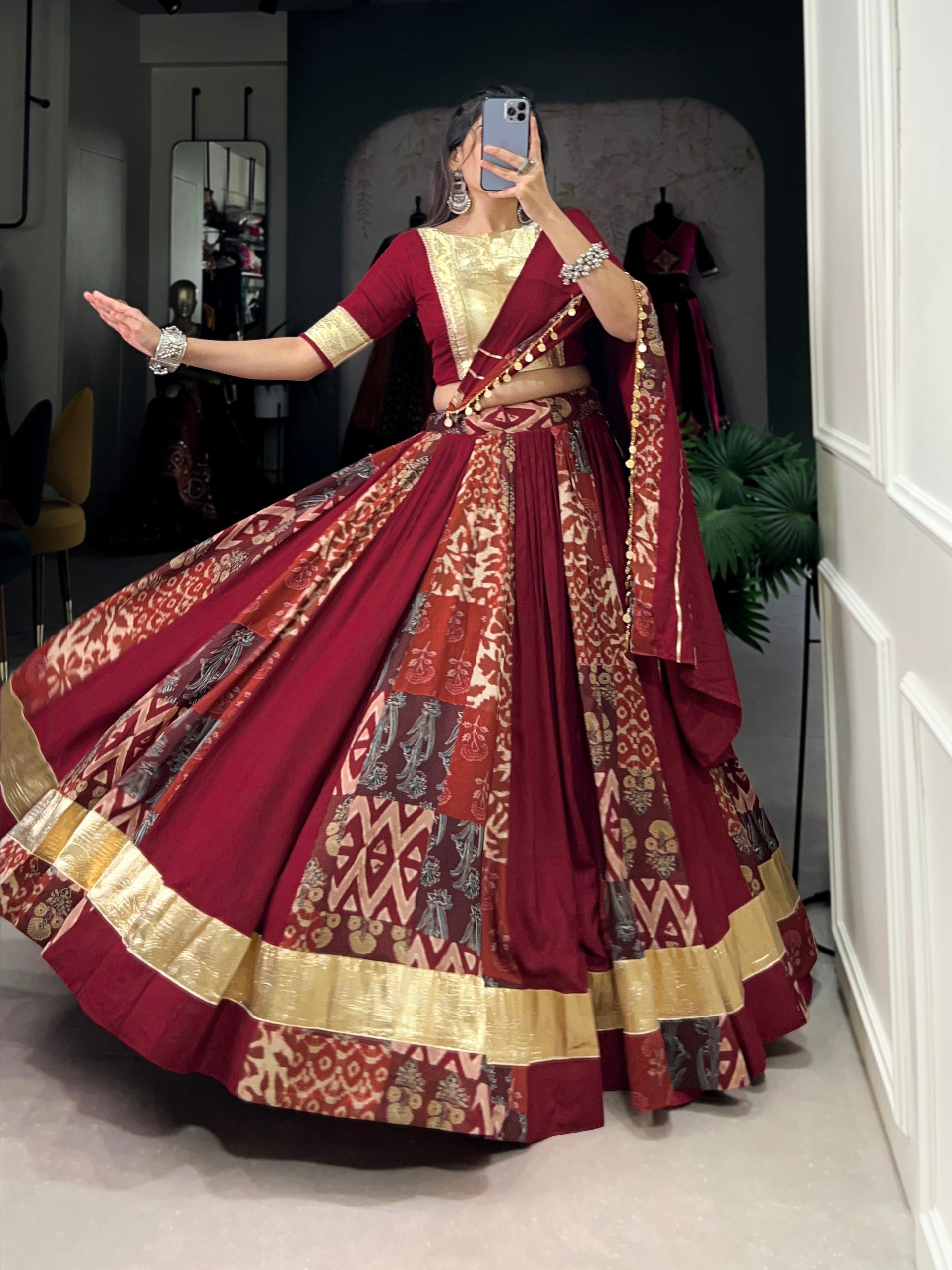 Lorenvalley Rayon and Tussar Silk Maroon Plain And Printed With Embossed Design Gota Lace Lehenga Choli with Dupatta