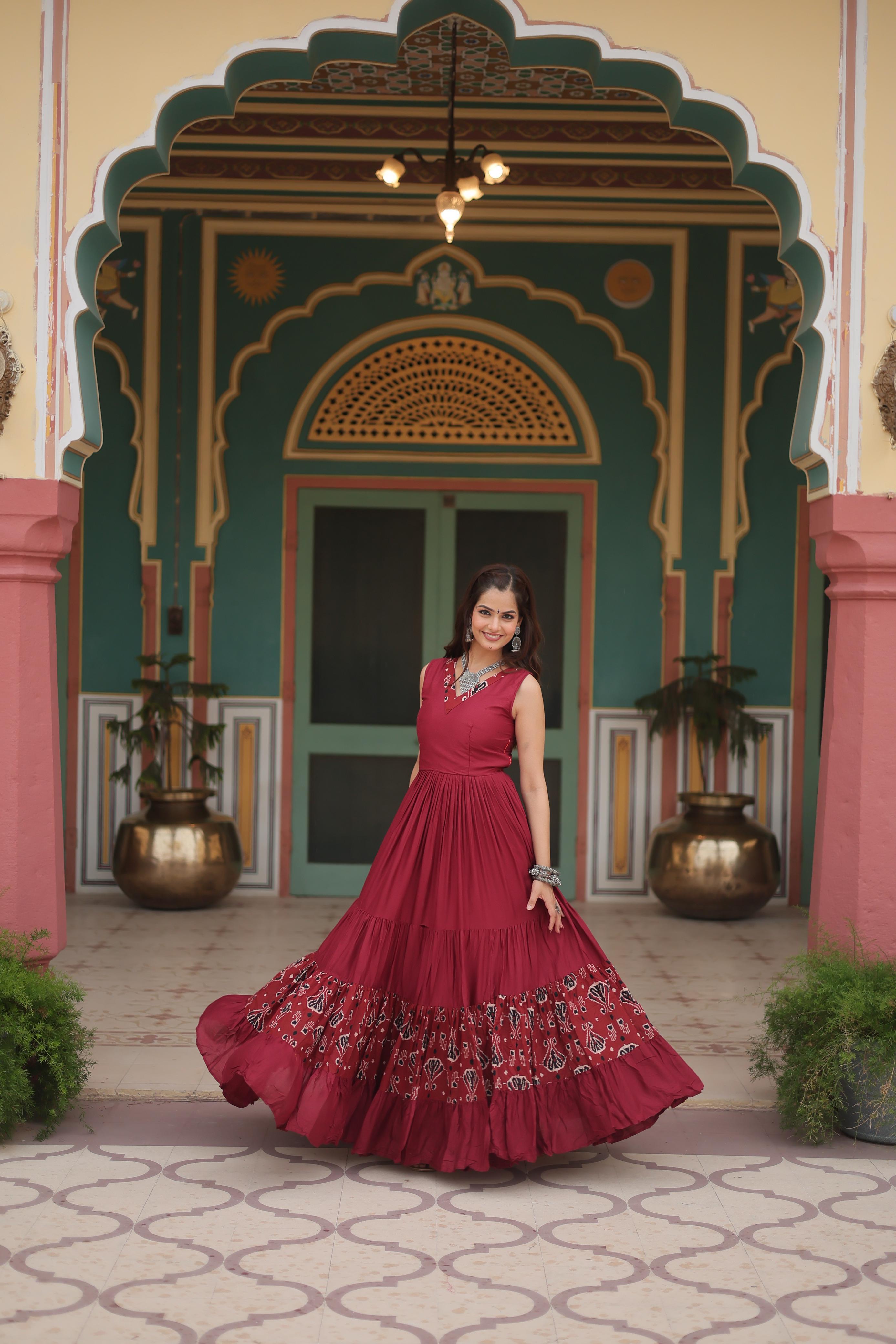 Lorenvalley Maroon Rayon Fabric with Printed Attached In Frill And Neck Gown