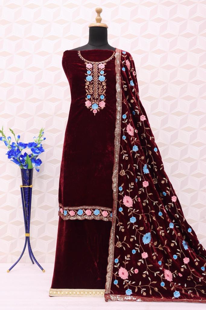 Lorenvalley Fashion Women Maroon Velvet Embroidered Salwar Suit Material