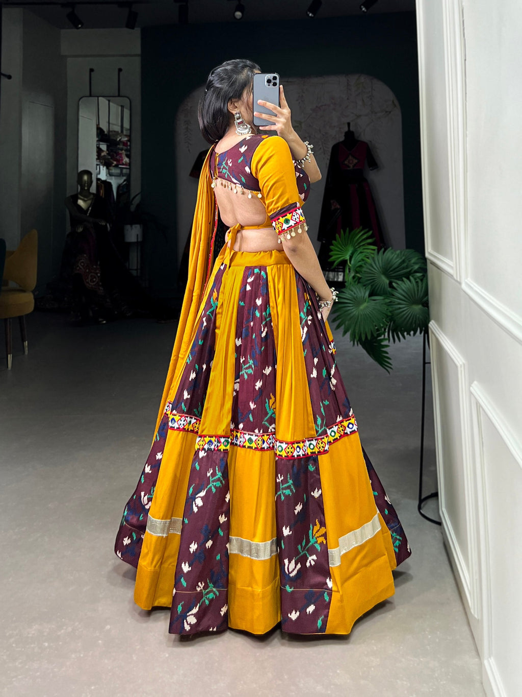 Lorenvalley Yellow and Wine Rayon with Printed Silk Original Mirror Gamthi Work and Embossed Design Gota Lehenga Choli with Dupatta