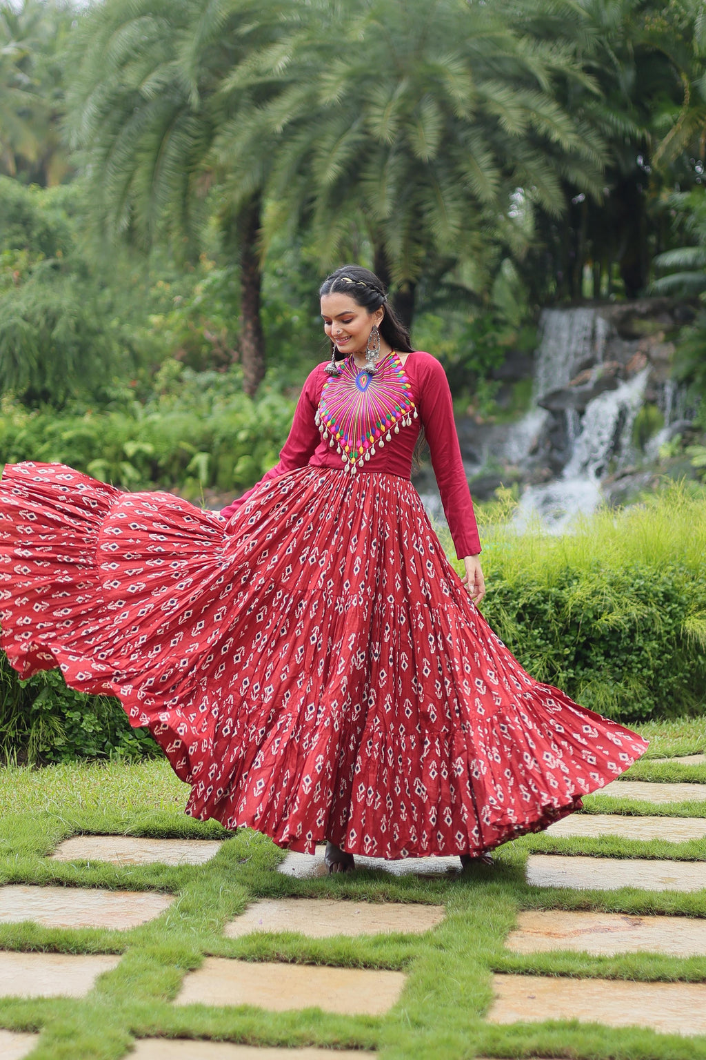 Lorenvalley Maroon Cotton Printed With Kutchi Gamthi Work and Kodi Lace Gown