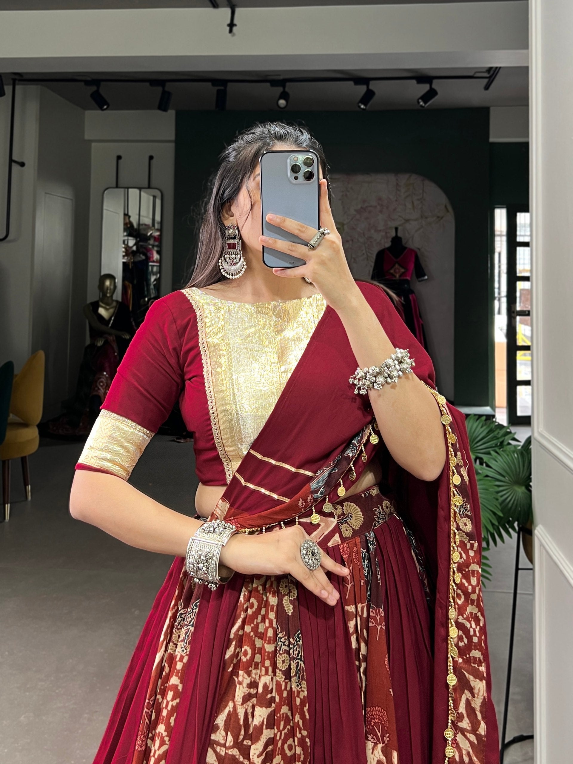Lorenvalley Rayon and Tussar Silk Maroon Plain And Printed With Embossed Design Gota Lace Lehenga Choli with Dupatta