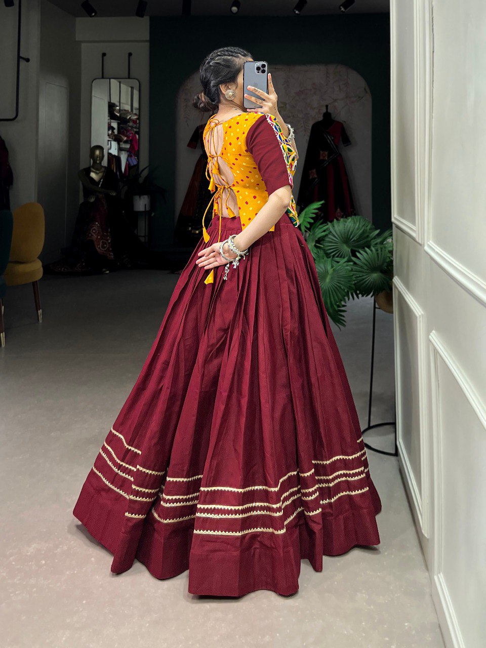 Lorenvalley Maroon Pure Cotton Plain With Gota Patti Touch Up Lehenga Choli