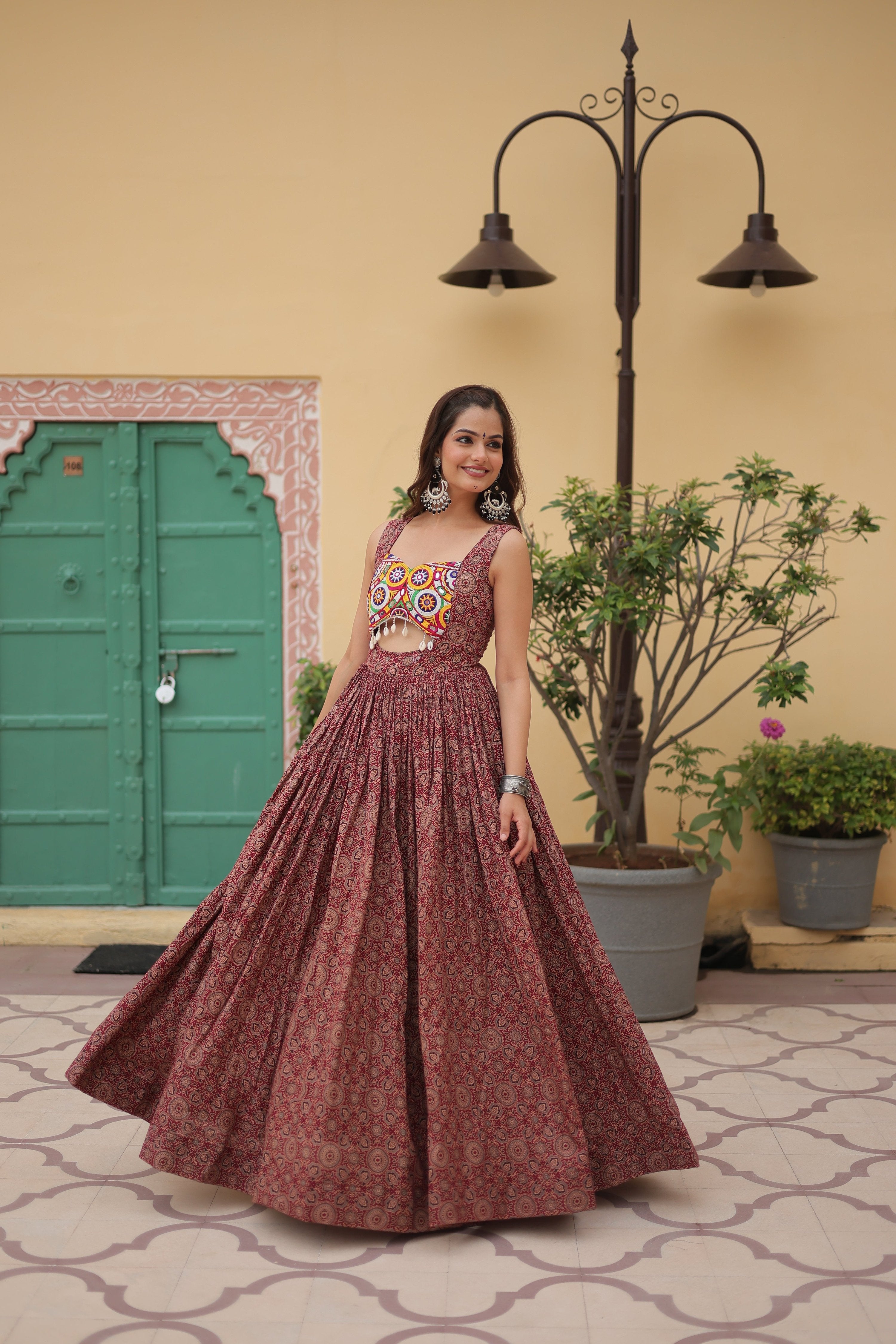 Lorenvalley Maroon Printed Cotton With Kutchi Gamthi Work and Kodi Lace Gown