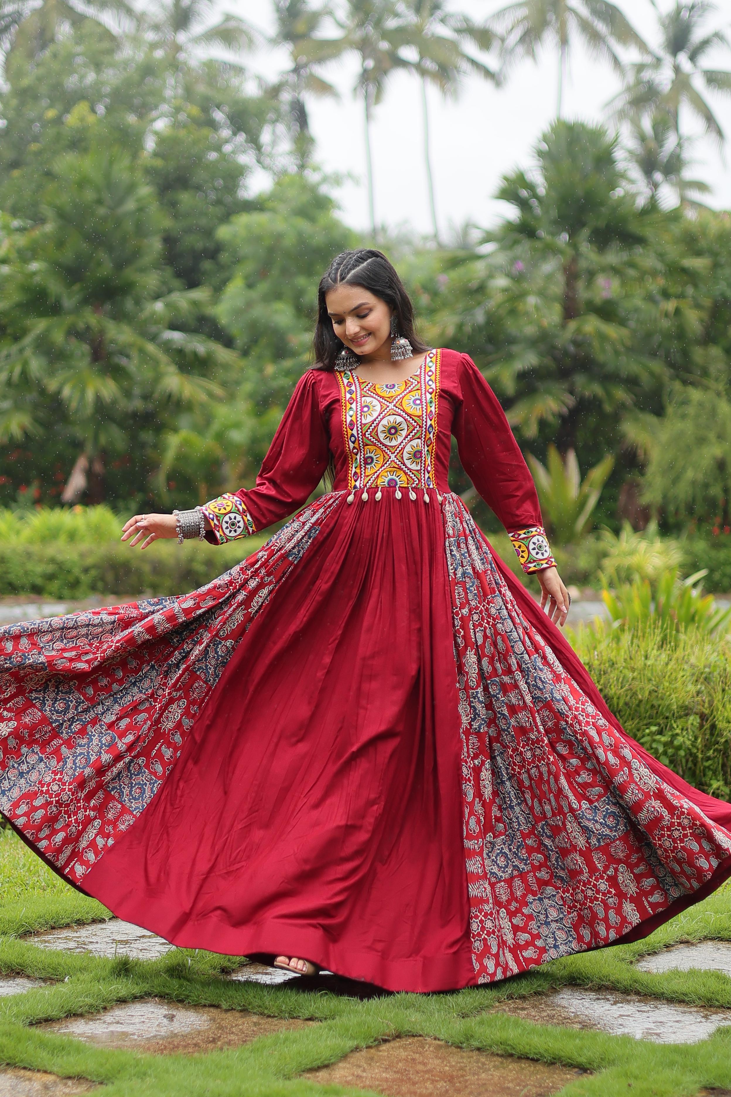 Lorenvalley Maroon Rayon Contrast of Printed with Kutchi Gamthi work Gown