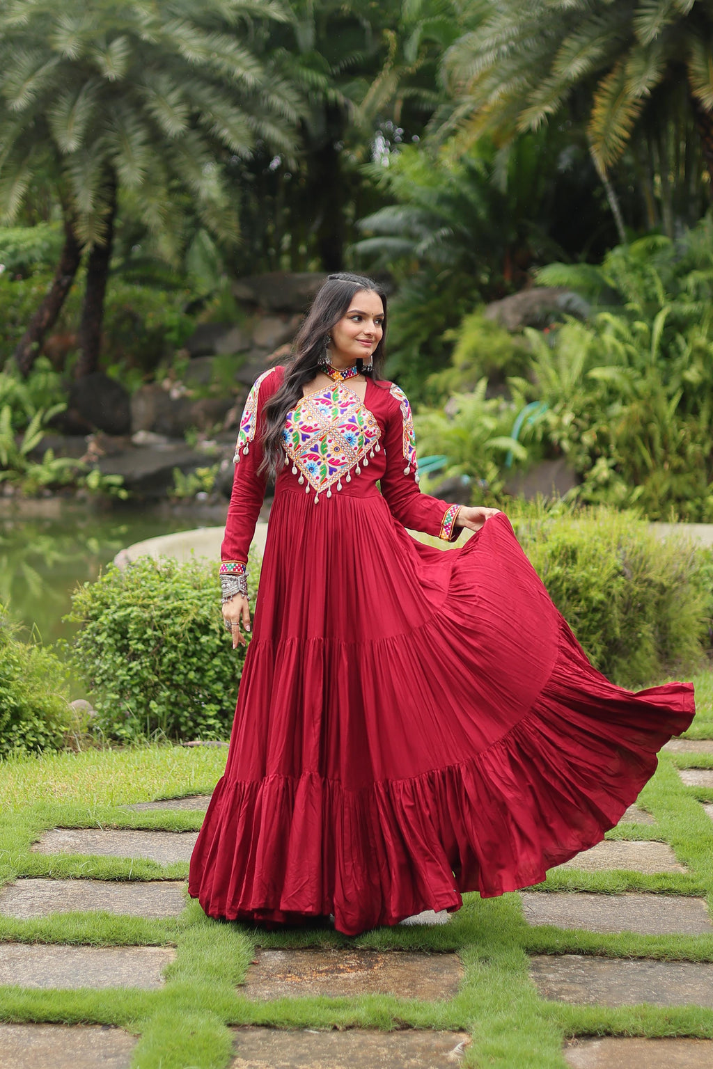 Lorenvalley Maroon Rayon Fabric with Kutchi Gamthi work Gown