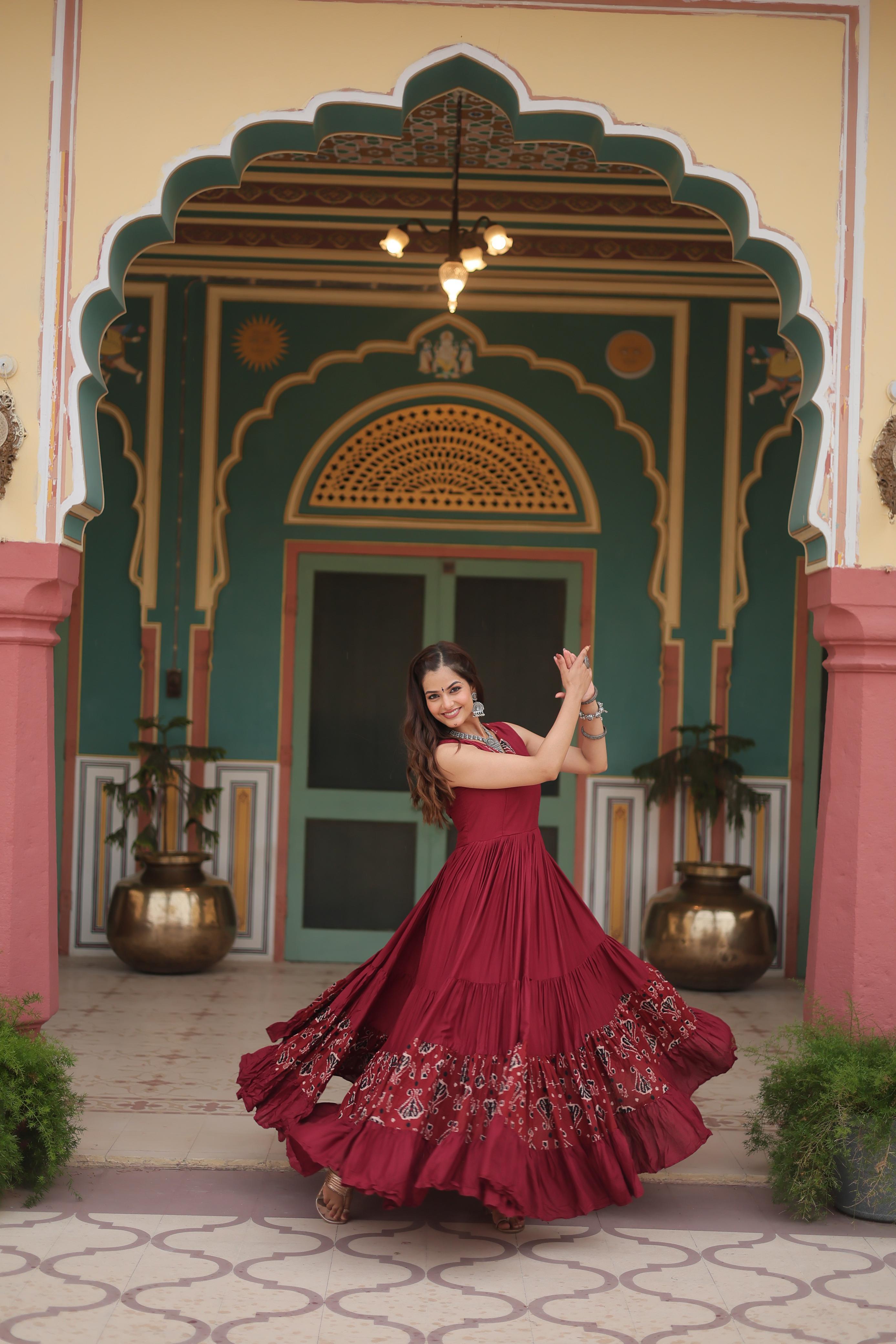 Lorenvalley Maroon Rayon Fabric with Printed Attached In Frill And Neck Gown