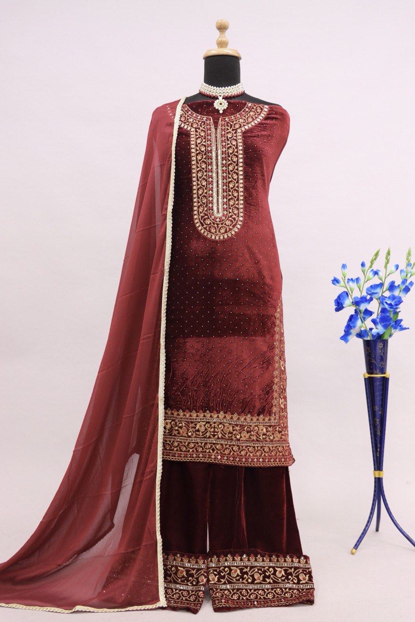 Lorenvalley Fashion Women Maroon Velvet Embroidered Salwar Suit Material