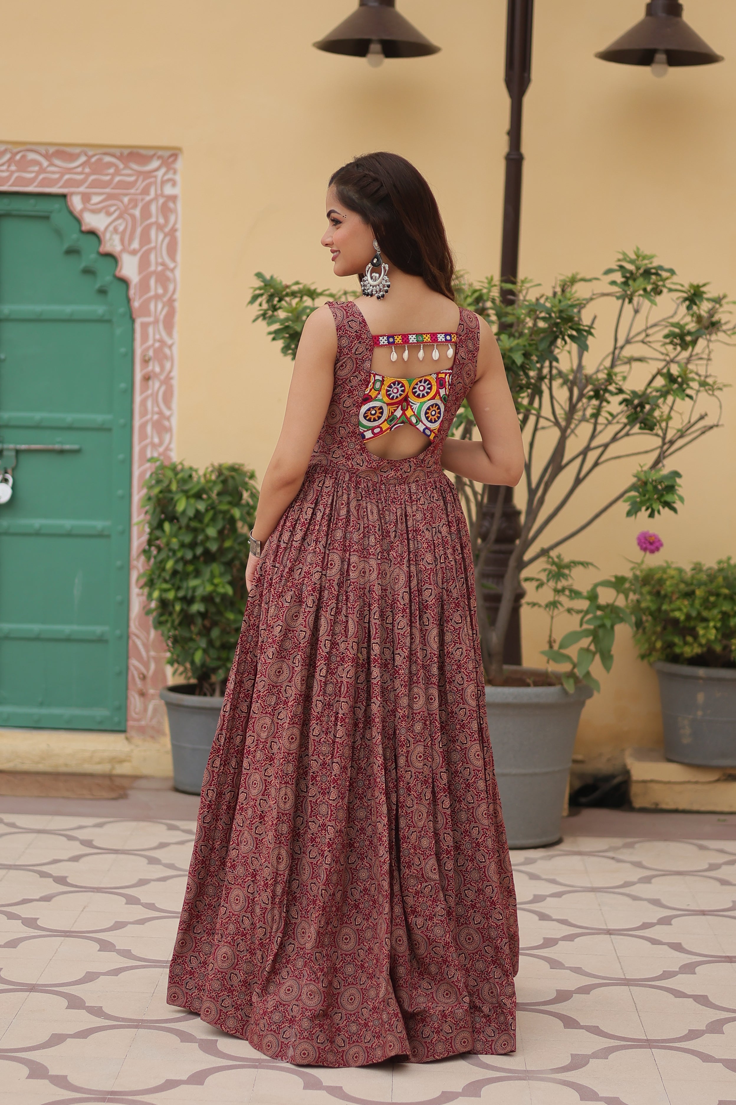 Lorenvalley Maroon Printed Cotton With Kutchi Gamthi Work and Kodi Lace Gown