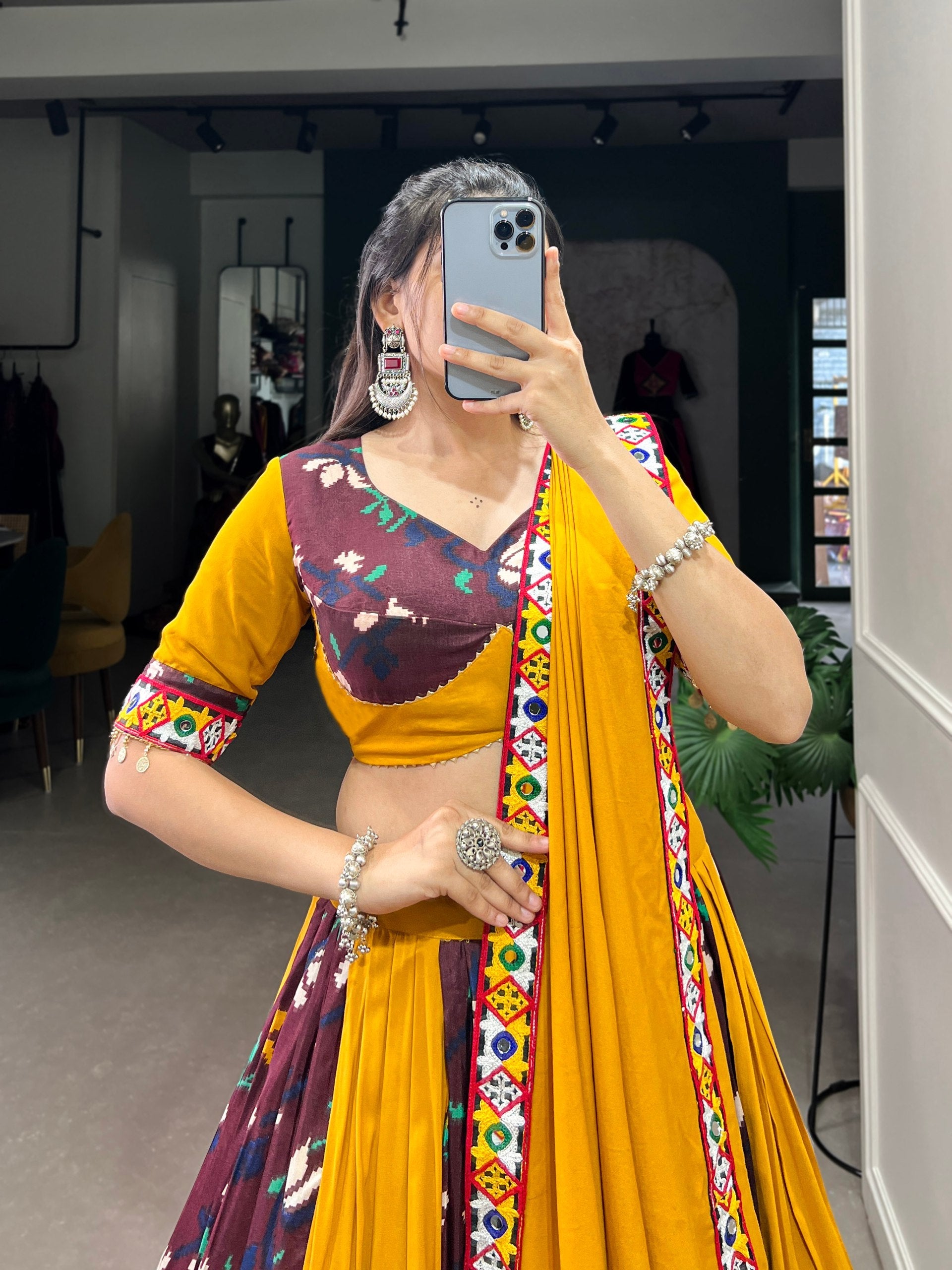 Lorenvalley Yellow and Wine Rayon with Printed Silk Original Mirror Gamthi Work and Embossed Design Gota Lehenga Choli with Dupatta