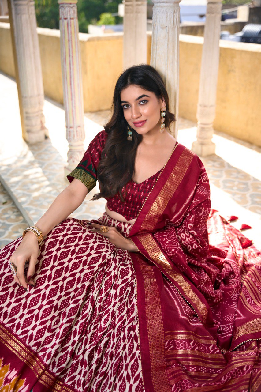 Lorenvalley Maroon Tussar Silk Ikkat Print With Foil Work Lehenga Choli with Dupatta